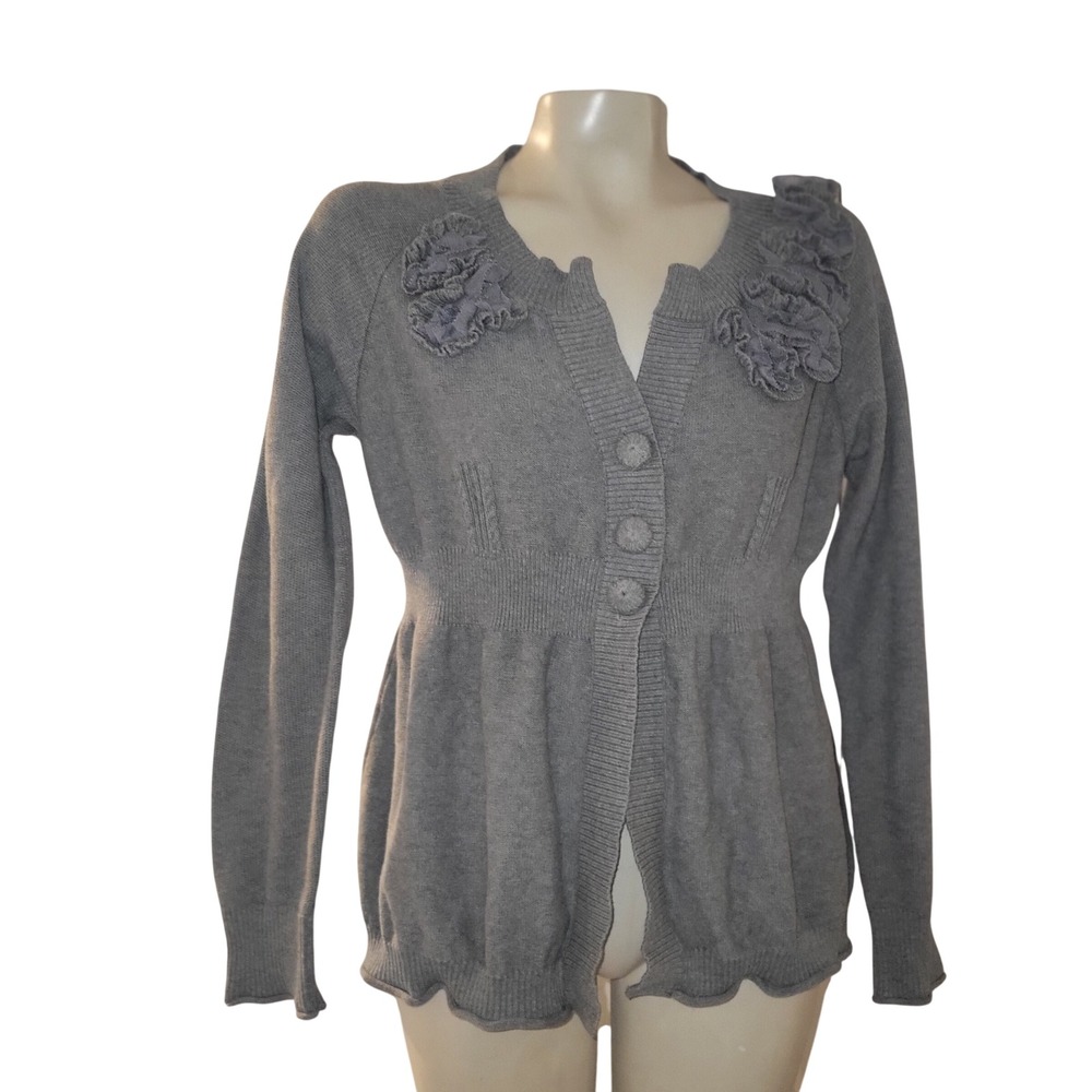 DKNY Jeans Grey Button Front Cardigan Sweater with Floral Applique officecore XL